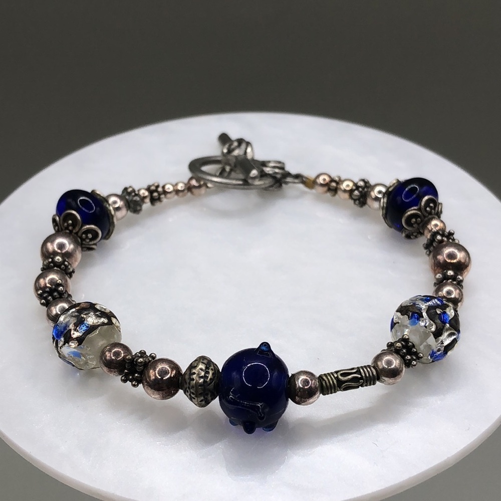 Artisan antique silver tone cobalt blue art foil glass toggle bracelet